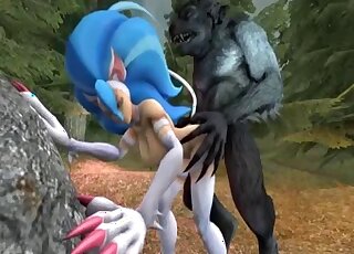 Wolf-like creature fucking a fantasy 3D hottie with blue hair