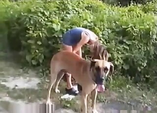 Tempting lady with a sexy body seducing a sexy dog while outdoors