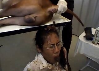 Dog got enema and covered nerdy Asian girl with glasses in poo