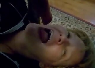 Mature harlot is filmed while sucking off long canine pecker