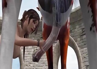 3D girl is draining cum from horse dick and using it for anal sex