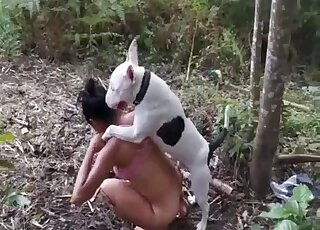 Bull Terrier wants to bang amateur MILF doggy style outdoors