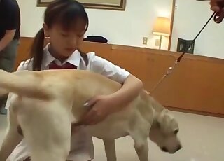 Screaming Asian hottie lets this dog fuck her asshole from behind