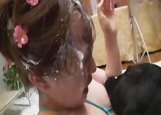 Japanese licked by the dog in a very sloppy oral adventure