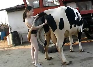Naked bitch fist fucks cow and shares animal perversions in great angles