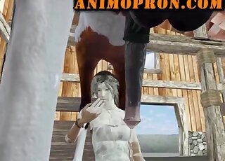 Lara Croft jerks horse cock and gets completely covered in semen