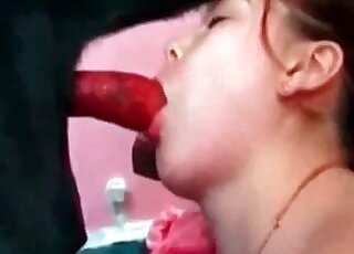 Big red cock of a black dog gets sucked by a horny zoophile slut
