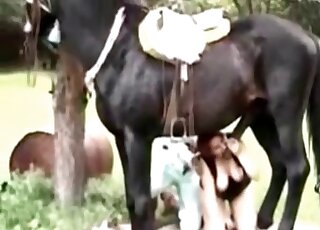Dirty mom sucks a horse’s dick and enjoys it in her twat
