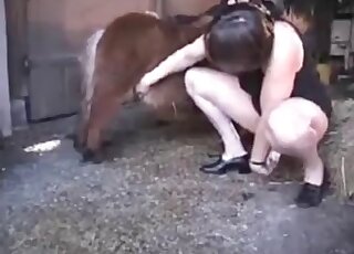 Animal sex obsessed wife comes to tease a pony and use his cock