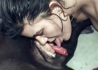 Brunette passionately licking her dog's red pecker during blowjob