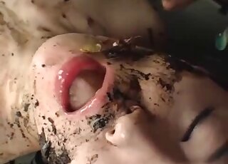 Japanese porn movie showing a kinky brunette that fucks bugs for real