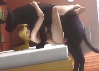 Ponytailed 3D blonde babe fucks a black dog by taking it in mish